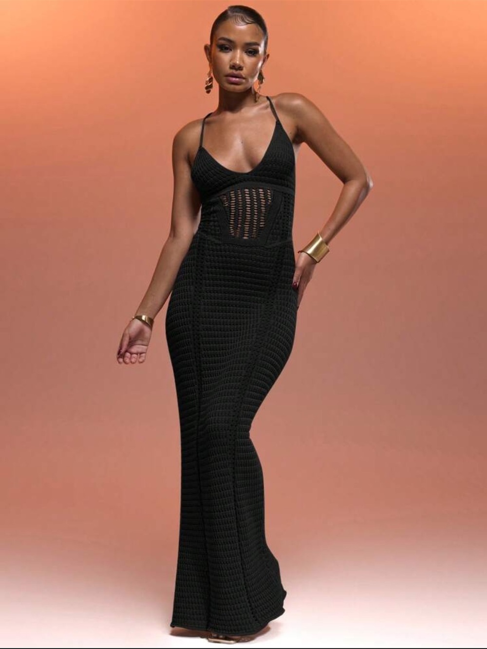 Black Crochet Maxi Dress with Cutout Detail - Women